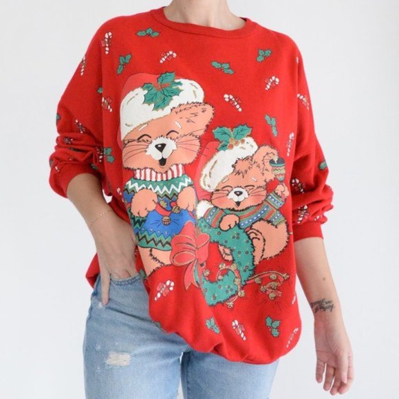 Vintage Ugly Christmas Nutcracker Red Holiday Puff Paint Cat Sweater - Picture 3 of 10